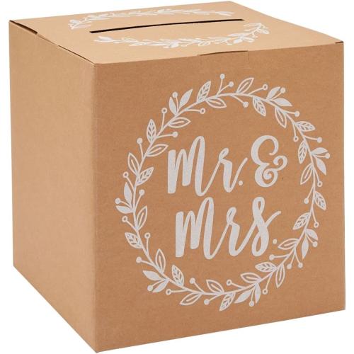 Sparkle and Bash Card Box for Wedding - 10 x 10 x 10 In, Brown Rustic Paper - Mr & Mrs Card Box for Reception