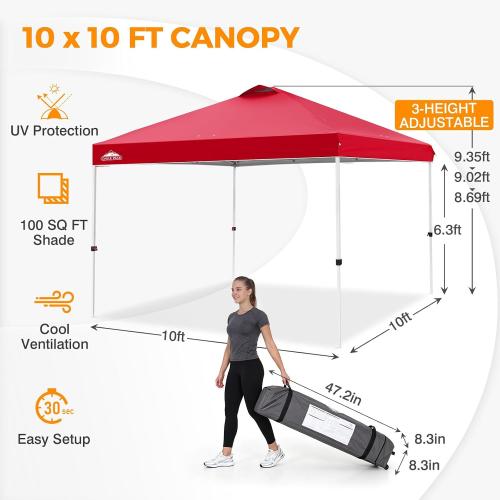 EAGLE PEAK Pop Up Canopy Tent with Wheeled Carry Bag, 8 Stakes, 4 Ropes, 4 Weight Bags, Easy Set Up Tent Canopy, 10x10 ft, 100sqft of Shade, Red
