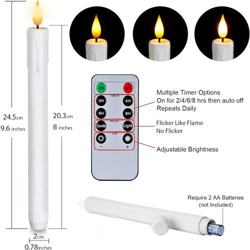 Homemory 3 Pcs Flameless Taper Candles with Remote Timer Dimmer, 9.6 White Flickering Candlesticks Battery Operated, Realistic Plastic LED Candles for Fireplace Wedding Seasonal Indoor Decorations