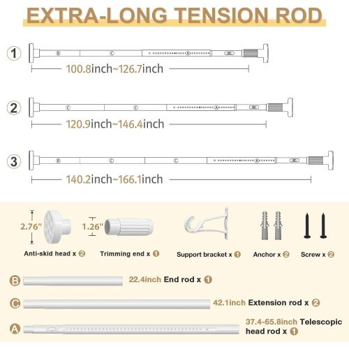 White Tension Curtain Rod 41-166In(4-14Ft), Extra Long Outdoor Curtain Rod No Drilling for Window or Bathroom Patio, Adjustable Heavy Duty Shower Rod,Rod Diameter 1.26In-One-bond stretching