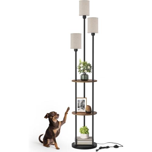 70.9 Floor Lamp with Shelves, Modern Floor Lamp with 3 Linen Shades and Foot Switch, 3-Light Standing Lamp, for Living Room, Bedroom, Study, Office, Rustic Brown and Beige EF53LD05‼️missing pieces‼️
