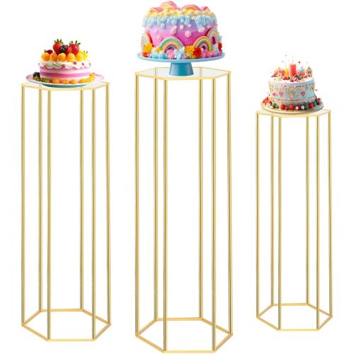 Cylinder Pedestal Stands for Party, 3 PCS Hexagon Gold Metal Plant Round Cylinder Stands for Party Flowers, Display Pedestal Stand Cylinder Tables for Vases Birthday Party Backdrop Decorations