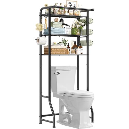 Simple Trending Over The Toilet Storage Cabinet, Metal Bathroom Shelf Organizer with Paper Holder and Hooks, 3 Tier, Black