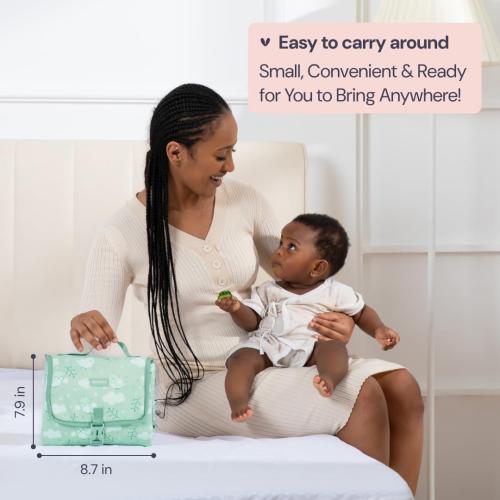 BabbleRoo Baby Changing Pad - Comfortable Portable Changing Pad, Compact, Fits in Any Diaper Bag - Lightweight and Soft with Cute Designs, Convenient Pockets, Extra Head Support – Sage Green Birdy