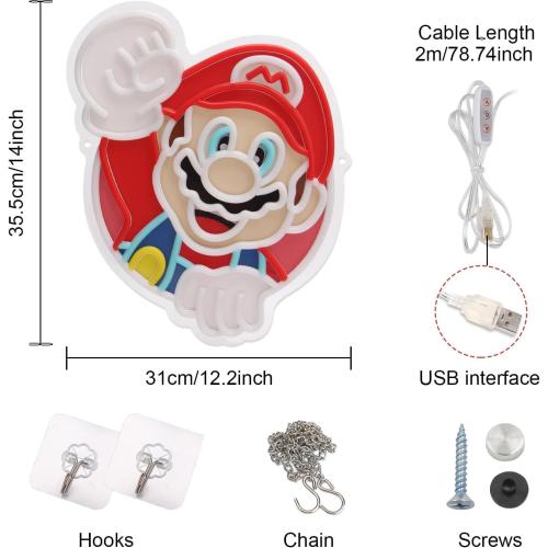 Mario Neon Sign 14in Mario Neon Light USB Powered Led Light Sign with Brightness Settings for Game Room Bedroom Fans Club Wall Art Decor Kids