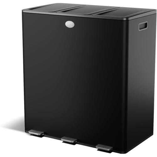 Home Zone Living 24 Gallon Kitchen Trash Can with Three Removable Compartments for Recycling and Trash, Stainless Steel, Black, 8 Gallons Each