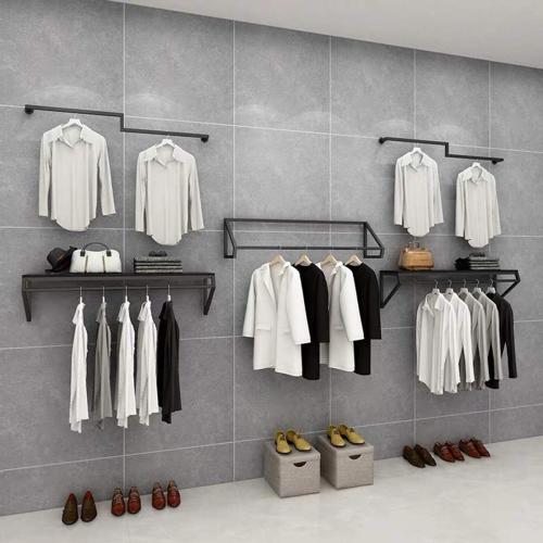 Modern Simple Men's and Women's Clothing Store Heavy Duty Metal Display Shelf,Wall-Mounted Garment Rack with Wood,Clothes Rail,Bathroom Hanging Towel Rack (Black Square Tube, B-57 L)