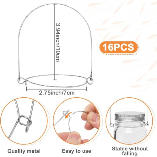 Anjmd Stainless Steel Wire Hangers for Mason Jars, 16 Pack - Tool Free Installation, Wide Application for Decoration, Key Holder, Holder, Kitchen, Indoor Use