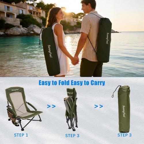 SunnyFeel Low Folding Beach Camping Chair 2 Pack, Portable Backpacking Chairs with Mesh Back,Cup Holder, Compact & Heavy Duty for Adults 300 LBS for Outdoor Picnic Fishing Concert Sand Lawn (2pcGreen)