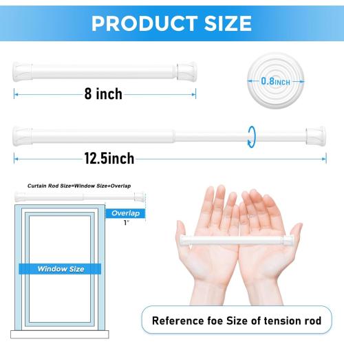 2 Pack Small Spring Tension Curtain Rod 8 to 12.5 Inch, Thin DIY Tension Rods No Drill for Slim Window Cupboard Closet Sidelights, White