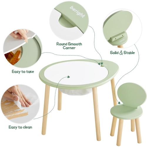 Beright Kids Table and Chairs Set, Kids Wooden Play Table with 2 Chairs, Kids Round Table for Toddlers, Suitable for Bedroom, Playroom and Kids' Room, with Removable Top Panel and Storage Bag, Green