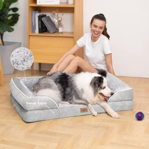 Comfort Expression Orthopedic Dog Bed for Extra Large Dogs , Waterproof Egg Crate Foam L Pet Bed with Removable Bolsters, Dog Couch with Washable Cover & Non-Slip Bottom, Gery White