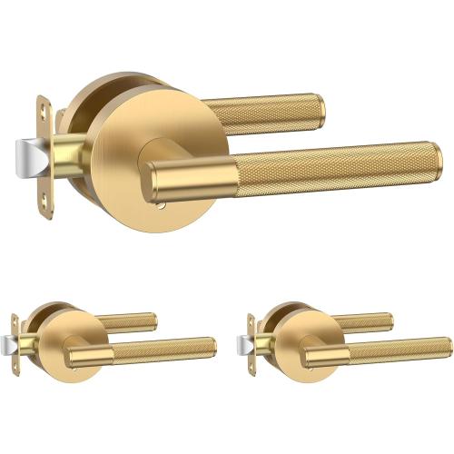 Amerdeco 3 Pack Champagne Bronze Door Handles Interior, Knurled Privacy Door Handles, Heavy Duty Door Lever for Bedroom or Bathroom, Reversible Keyless for Left Right Handed Doors AM0016 ASIN