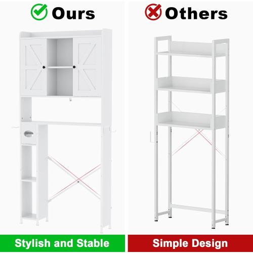 32W Over The Toilet Storage Cabinet with Metal Frame and 7 Storage Shelves, Bathroom Organizer with Adjustable Shelves and Paper Holder, Farmhouse Storage Cabinet for Bathroom, Laundry, White