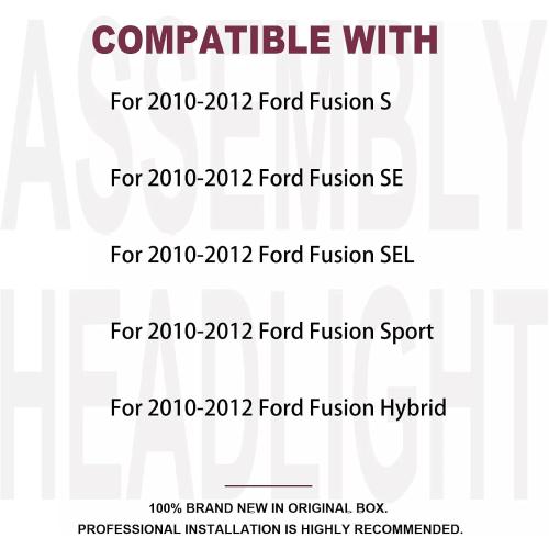 Pair Headlight Assembly Set For 2010 2011 2012 Ford Fusion S SE SEL Hybrid Sport Sedan Replacement Halogen Headlamps Matte Black Housing Clear Lens Passenger and Driver Side Front Bumper Lights(LH&RH)