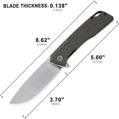 Petrified fish PFB02 Loco Pocket Knife, 3.70 D2 Satin Blade Camping Knife, 5.29oz G10 Handle Flipper Liner lock Folding knife for EDC (Green Satin)