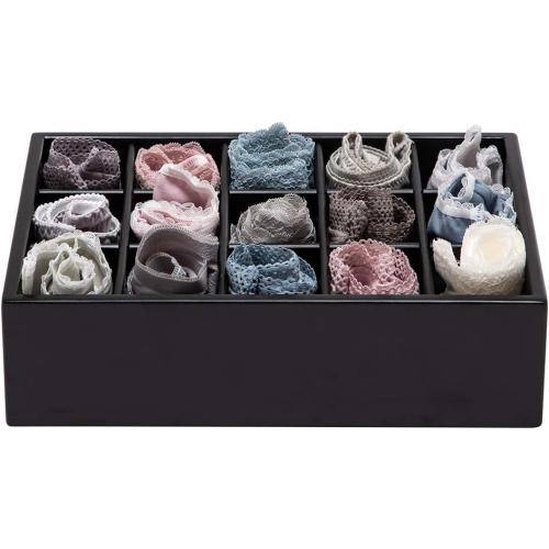 GOBAM Bamboo Closet Drawer Organizer, 15 Compartments - Drawer Divider & Storage Box for Ties, Bras, Briefs, Socks & Jewelry - Storage Organizer for Dressing Room & Bedroom - Black