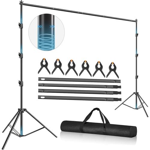 Size 10x10 Photo Video Studio 10 x 10ft Heavy Duty Backdrop Stand, Adjustable Photography Background Support System Kit with Shock-Proof Spring, Carrying Bag, 6 Clamps