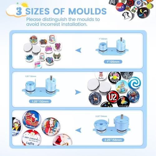 Button Maker Machine Multiple Sizes, 1'' 1.25'' 2.25'' Pin Maker Button Press Machine W/ 300 Sets Metal Pinback Inserts, Pin Making Supplies Kit for DIY Badges