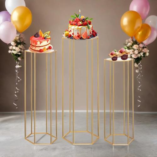 Set of 3 Color Gold Cylinder Stands for Party, 3PCS Hexagon Pedestal Stand, Cilindros Para Fiestas Cake Table Stand for Parties Cylinder Tables for Parties Hexagon Cylinder Stands for Party