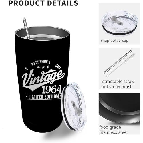 Vintage 60 Year Of Being Awesome Tumbler Coffee Tumbler 20 oz Tumbler with Lid and Straw Insulated Tumblers Stainless Steel Tumblers Funny Gifts for Women