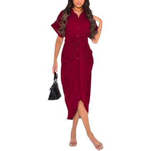 Size L YouSexy Women's Casual Satin Button Down Shirt Dress Short Sleeve Ruched Maxi Dresses with Belt