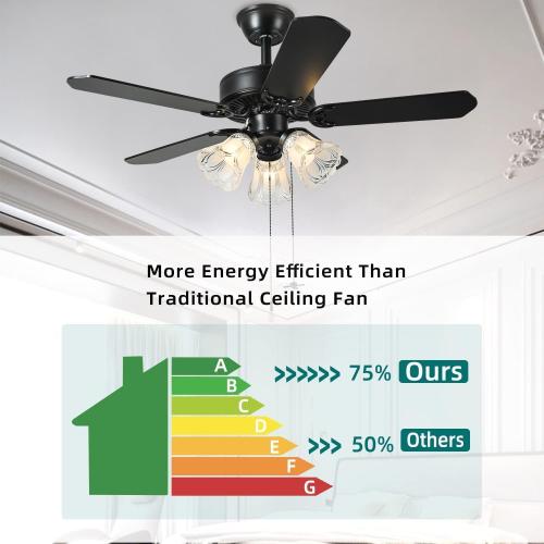 42 Inch Indoor Ceiling Fan with Pull-Chain and Three LED Light Bulbs Base, Traditional 3-Speeds Reversible Blades Ceiling Fan (Black)