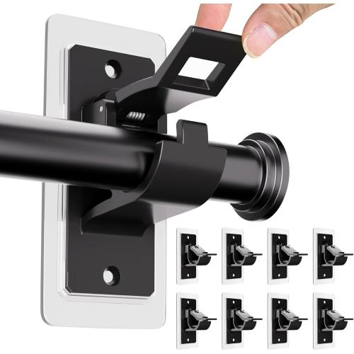 8PCS No Drill Curtain Rod Bracket, Self Adhesive Curtain Rod Holders, No Hole, Multipurpose Curtain Rod Hooks for Bathroom Living Room Kitchen and Bedroom (Black)