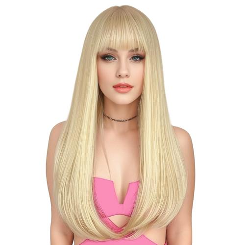 ENTRANCED STYLES Blonde Wig with Bangs, Long Straight Wigs for Women Natural Hair Wigs Synthetic Blond Wigs for Girls Daily Party Halloween Cosplay Wig 22 Inch