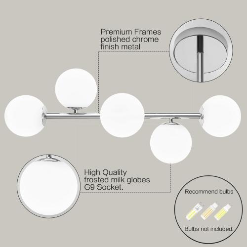 Bathroom Vanity Lights, Mid Century Modern 5-Light Bathroom Light Fixtures, Chrome Bathroom Lights Ceiling Light, Wall Sconces Wall Mount Light Fixtures with Milk Globe Glass, Chrome Finish, G9 Base