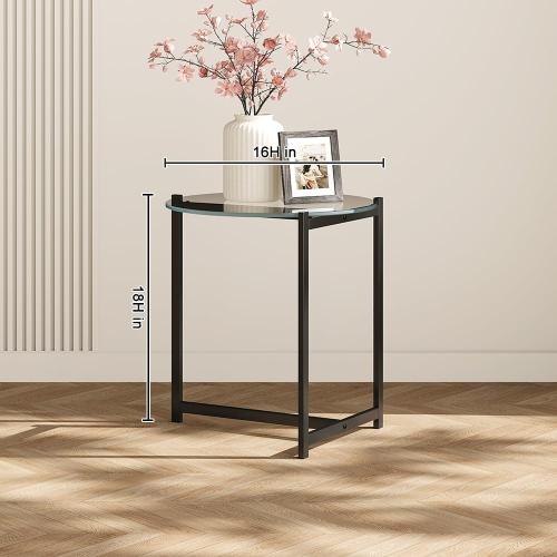 16 Inch Round Glass Coffee Table, Tempered Clear Glass Top with Sturdy Black Metal Frame, Easy Assembly Modern Side Table/End Table for Living Room, Bedroom, Office