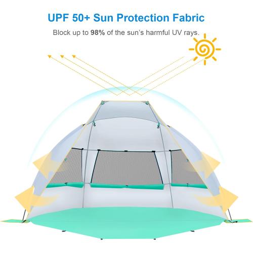 Color Mint Green WolfWise 2-3 Person Portable Beach Tent UPF 50  Sun Shade Canopy Umbrella with Extendable Floor, Mint Green