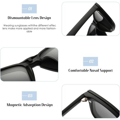 Color  Black , blue ,yellow , print grey Magnetic Clip on Sunglasses with 5 Interchangeable Clips,TR Rectangular Frame Stylish Night Driving Glasses TR Polarized Clip on Sunglasses for Women Men