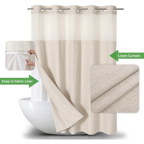No Hooks Polyester Textured Shower Curtain with Snap-in Fabric Liner Set, Hotel Luxury Decor Shower Curtains for Bathroom with See Through Top Window, Waterproof & Washable,, Cream