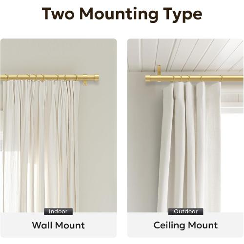 Zeerobee Curtain Rods for Windows 32 to 168, Brushed Gold Curtain Rod, Adjustable 1 Inch Heavy Duty Outdoor/Indoor Modern Drapery Pole, 32-168