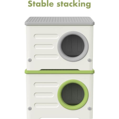 Outdoor Cat House Weatherproof, Insulated Heavy-Duty HDPE Feral Cat Shelter with Cozy Cushion, Elevated Stackable Round Entrance Cat House for All Seasons Indoor Outdoor (Grey and White)