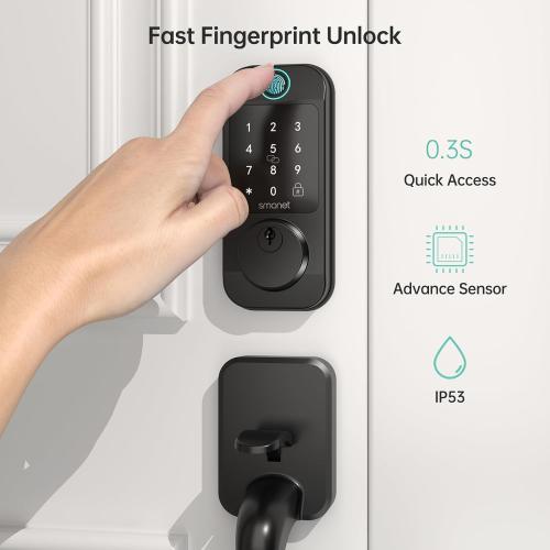 Smart Locks WiFi Deadbolt: SMONET Fingerprint Front Door Lock Keyless Entry with Keypad Electronic Digital Deadbolt Alexa Gateway Remote Control, Bluetooth APP KeyFob Code Auto-Lock for Home, Black