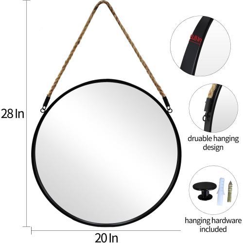 POZINO Round Hanging Mirror, 20 Rope Wall Mirrors Decorative, Black Metal Frame Circle Mirrors, Farmhouse Wall Mounted Mirrors for Bathroom, Bedroom, Living Room, Entryway, Home Decor