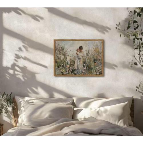 Mother Holding Child Wall Art Vintage Motherhood with Baby Wall Decor Painting Cottage Country Nursery Sign Poster Canvas Print for Kids Bedroom Living Room 24x16 inch Wood Framed
