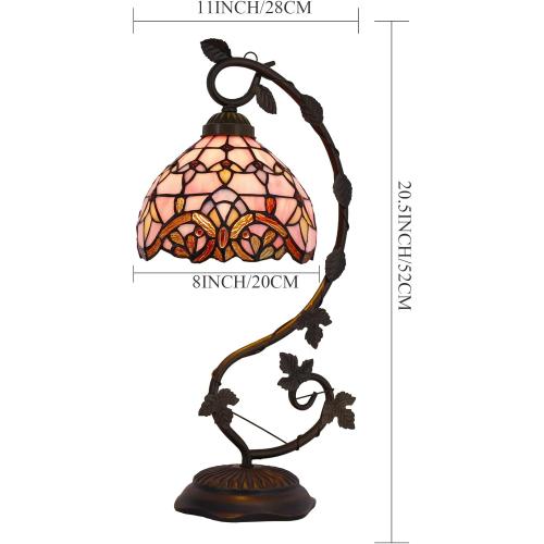 WERFACTORY Tiffany Table Lamp Pink Stained Glass Baroque Style Reading Desk Light, Metal Leaf Base 8X10X21 Inches Decor Small Space Bedside Bedroom Home Office S003P Series