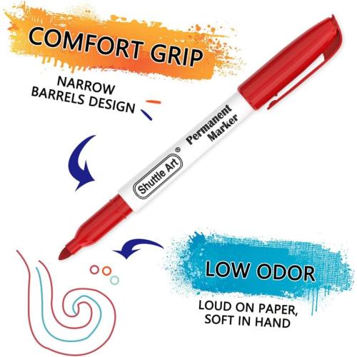 Shuttle Art Permanent Markers, 24 Colors Fine Point Assorted Colors Permanent Marker Set, Works on Plastic,Wood,Stone,Metal and Glass for Doodling, Coloring, Marking