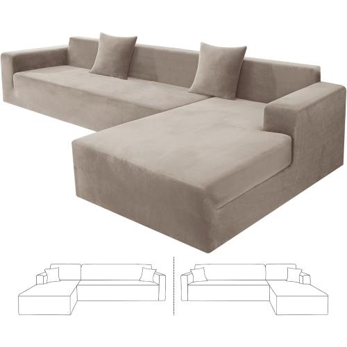 ZNSAYOTX 2026 Soft Velvet Sectional Couch Covers, Luxury Plush Slipcovers with Elastic Bottom for L Shape Sectional Sofa, 2 Pcs Pet Friendly Protector (3 Seat Couch   3 Seat Chaise, Khaki)