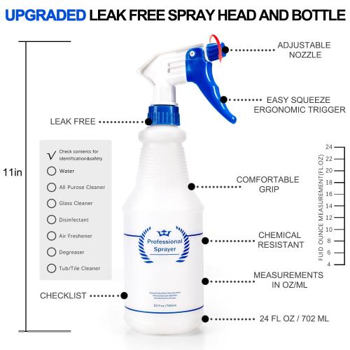 Plastic Spray Bottle, Empty Spray Bottles (2 Pack 24 Oz), All-Purpose Sprayer for Cleaning Solutions, Hair Spray, Bleach, Planting, BBQ, Mist & Stream Water Spraying Bottle with Adjustable Nozzle
