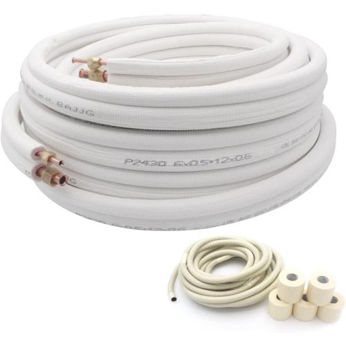 White 50 Ft Air Conditioning Copper Tubing Pipe Extension, 1/4 1/2 3/8 PE Thickened for Mini Split AC and Heating Equipment Insulated Coil Line HVAC Refrigerant with Nuts (1/4 & 3/8* 3/8 PE WITH NUTS)