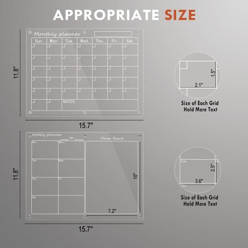 Magnetic Acrylic Calendar for Fridge,2 Pack 12x16 Clear Fridge Calendar Dry Erase Magnetic Planning Boards Set for Refrigerator with 6 Colorful Highlight Markers