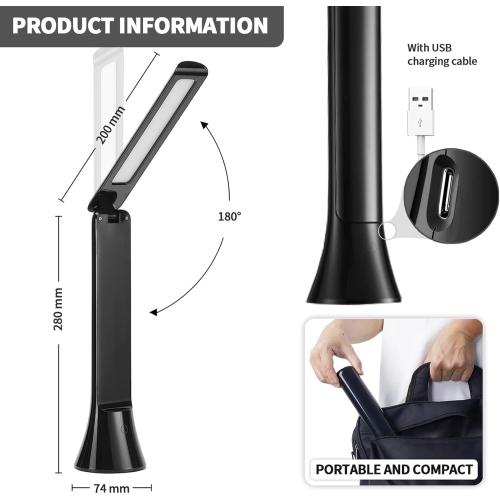 Rechargeable LED Desk Lamp with Flashlight Cordless lamp Foldable Portable Desk Lamp Battery Operated lamp Camping Flashlights for Home Office Study Emergency Outdoor (Black)