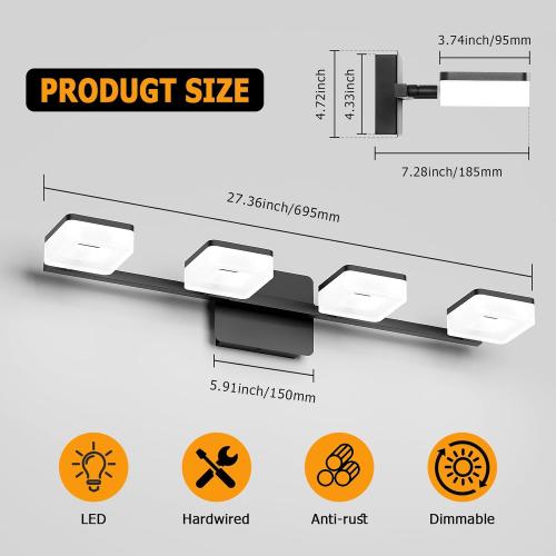 4 Light Acrylic Bathroom Light Fixtures, Modern Black Bathroom Vanity Light, Matte Black Wall Lighting Fixtures Over Mirror, Adjustable LED Vanity Light (White Light 5500K)