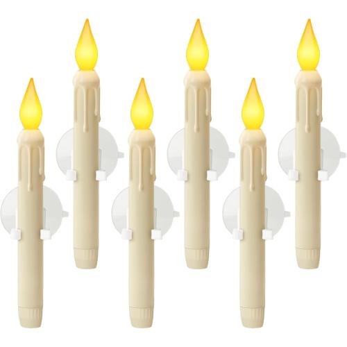 6 Pcs Sensor Dawn to Dusk Window Candles, Flickering Battery Candles for Windows, Ultra Bright Fake Candle Lights with Suction Cup, Led Candlesticks for Xmas Home Decor, Warm Yellow Light