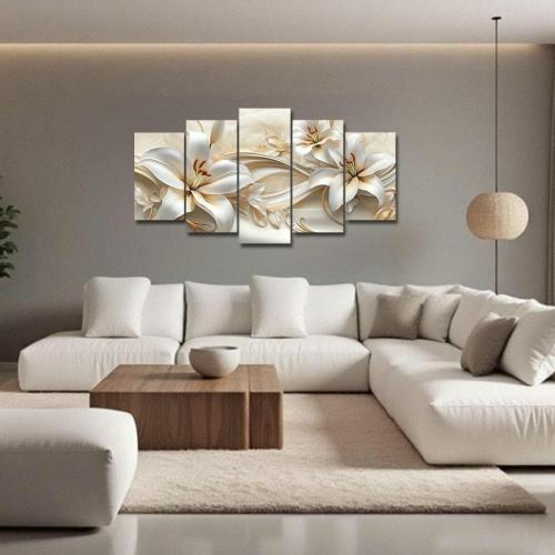 LZIMU 5Pcs Large White Gold Flower Wall Art Abstract Lily Floral Picture Elegant Blooming Canvas Print Modern Beige Painting Living Room Bedroom Decor (Gold, (8x14inx2 8x18inx2 8x22inx1))