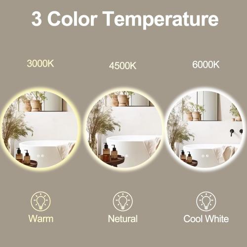 32 Inch Round LED Bathroom Mirror Backlit Anti-Fog Wall Mounted Lighted Bathroom Vanity Mirror 3 Colors Light Dimmable Smart Makeup Mirror with Touch Switch